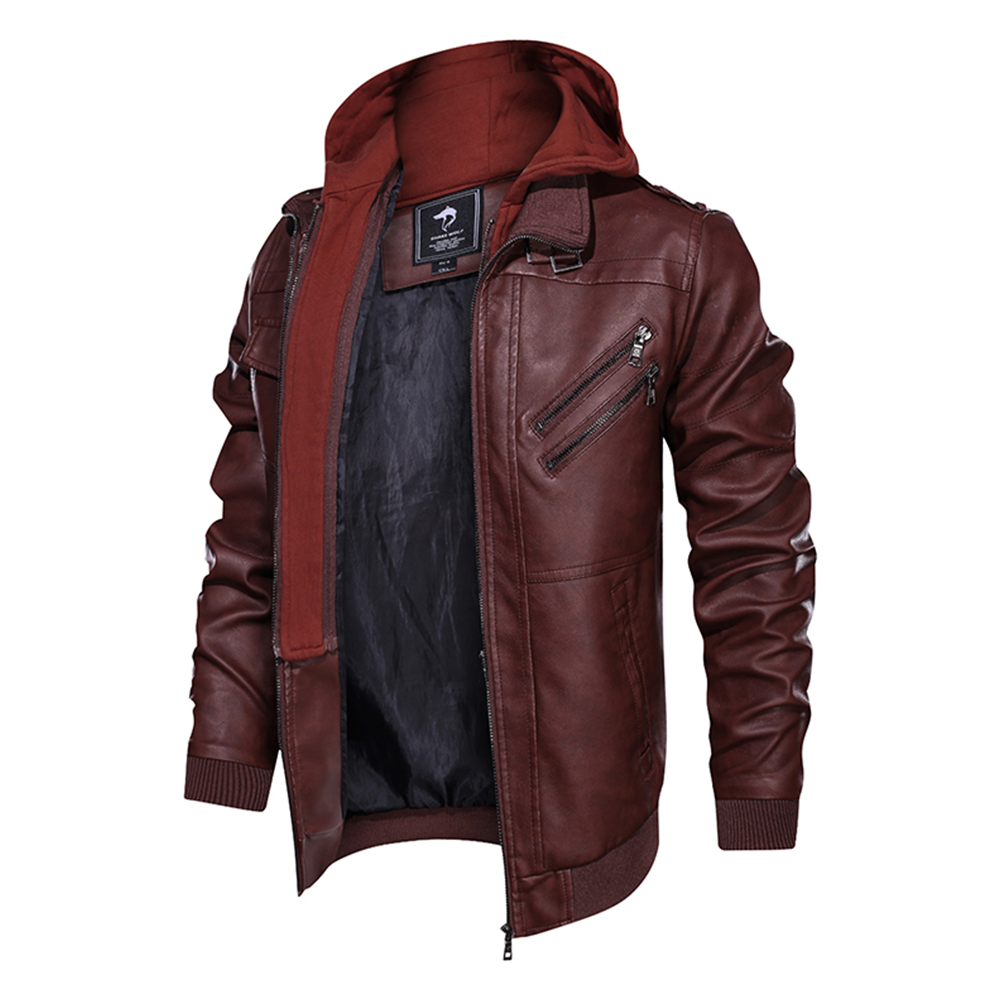 Distressed Leather Jacket Hooded Motorcycle Coat - Burgundy