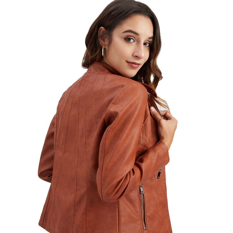 Women's Stand Collar Leather Jacket