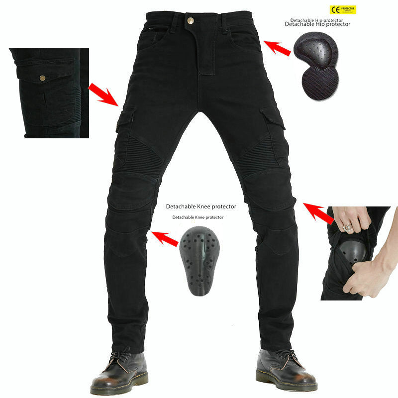 Motorcycle Racing Denim LB1 Pants With Hip Knee Protective Pads - Black
