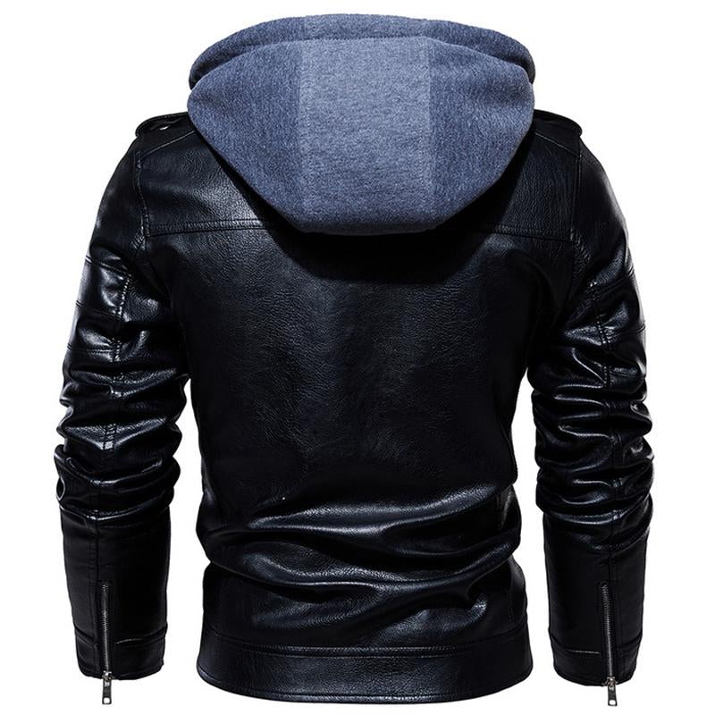 Motorcycle Zip-Front Leather Jacket with Hood - Best Seller