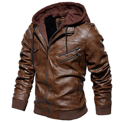 Motorcycle Zip-Front Leather Jacket with Hood