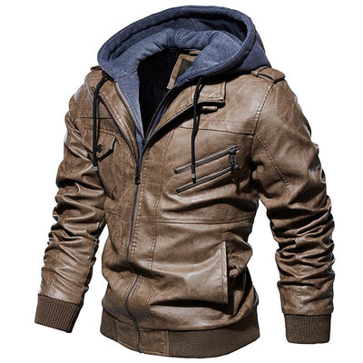 Motorcycle Zip-Front Leather Jacket with Hood