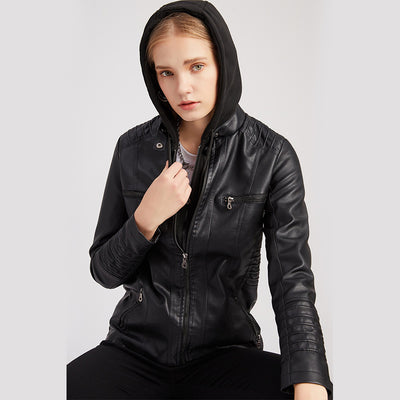 Women's Leather Jacket with Hood