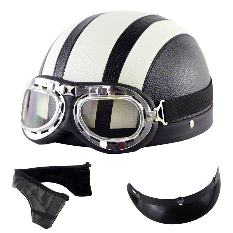 vintage helmet with goggles Maxpower (Leather Pink) Motorcycle Helmet Half Open Face Retro Vintage Style Moto Casco C