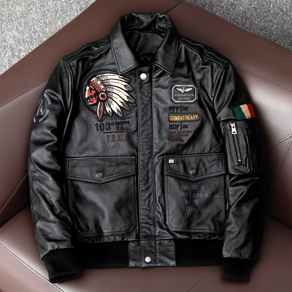 Men's Embroidered Bomber Flight Genuine Cowhide Leather Jacket – Biker ...