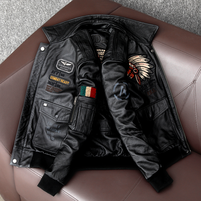 Men's Embroidered Bomber Flight Leather Jacket