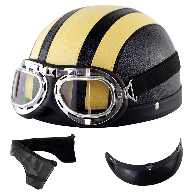 vintage motorcycle helmets with goggles (Leather yellow) Motorcycle Helmet Half Open Face Retro Vintage Style Moto Casco Capacete