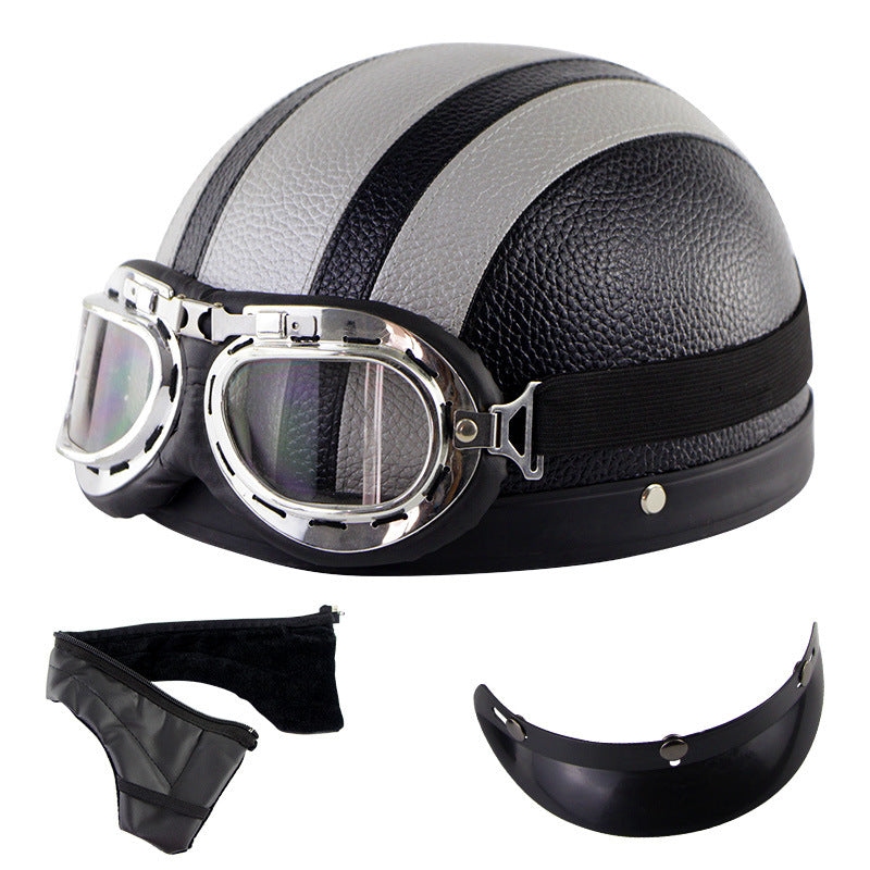 retro helmet and goggles (Leather brown) Motorcycle Helmet Half Open Face Retro Vintage Style Moto Casco Capacete