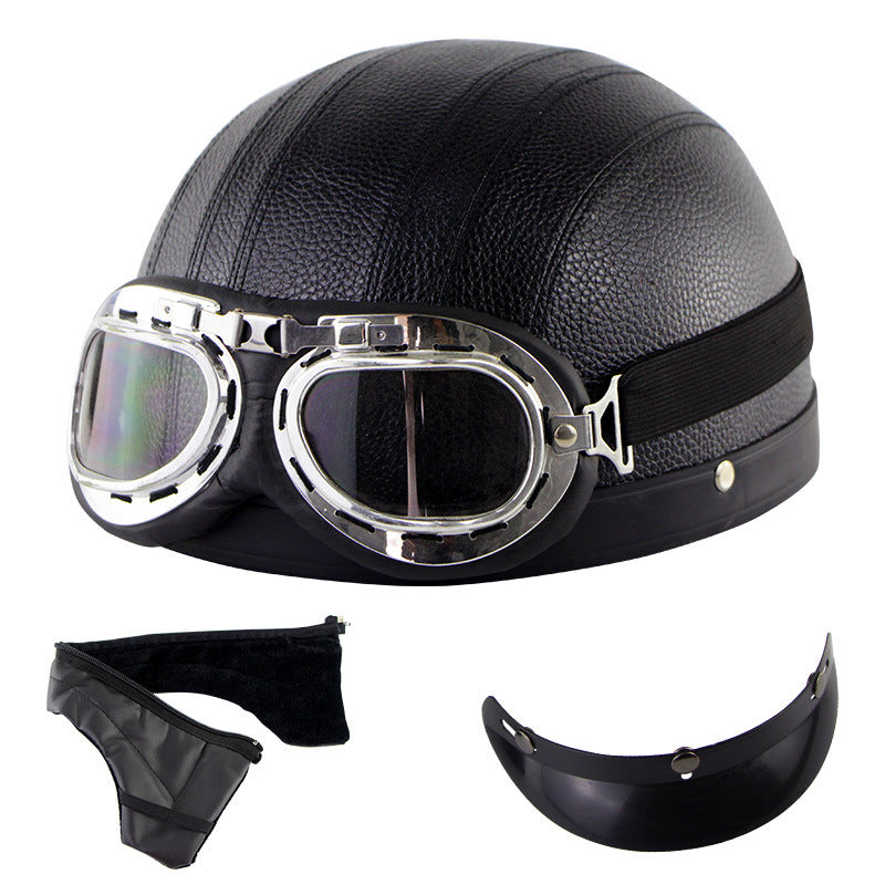 vintage helmet and goggles (Leather brown) Motorcycle Helmet Half Open Face Retro Vintage Style Moto Casco Capacete