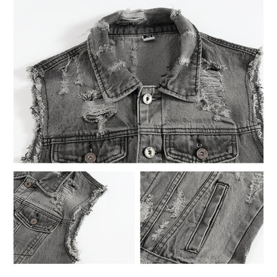 Ripped Denim Vest Grey For Motorcycle Bikers