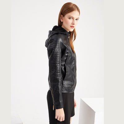Faux Leather Jacket with Removable Hood