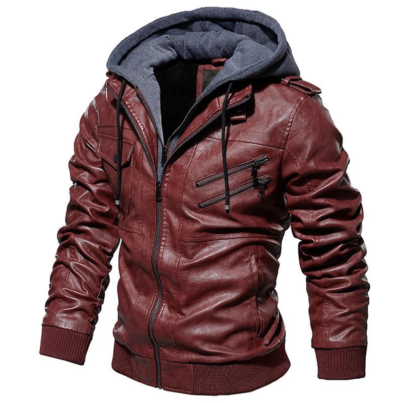 Motorcycle Zip-Front Leather Jacket with Hood - Best Seller