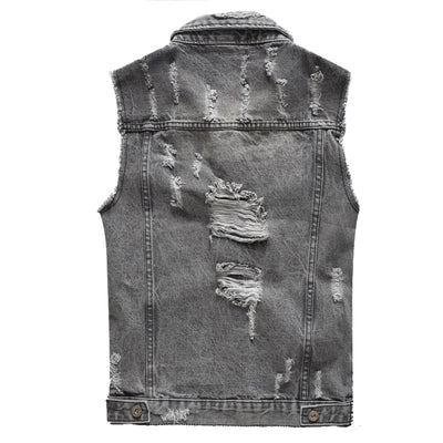 Ripped Denim Vest Grey For Motorcycle Bikers